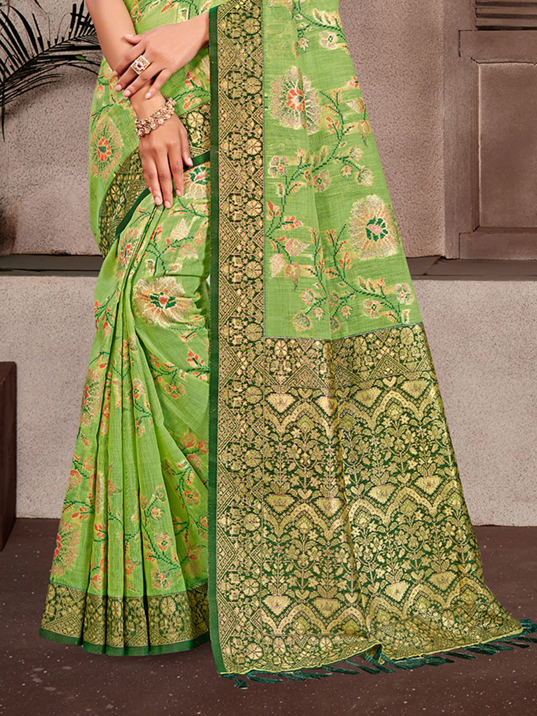 Sangam Prints Light Green Cotton Silk With Meena Woven Work Traditional Saree | Grocsy