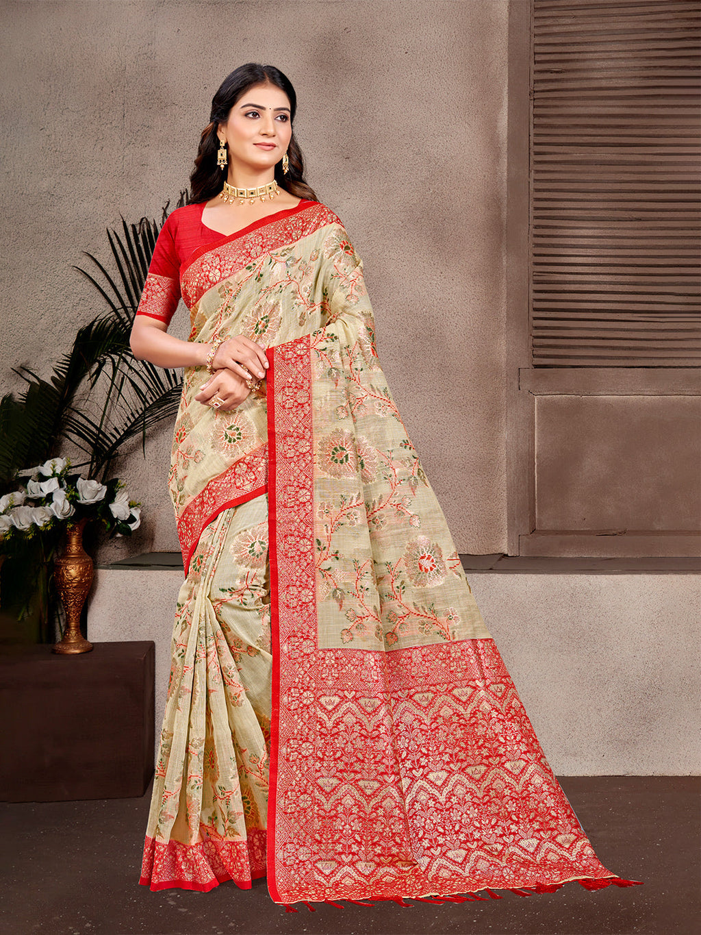 Sangam Prints Beige Cotton Silk With Meena Woven Work Traditional Saree | Grocsy