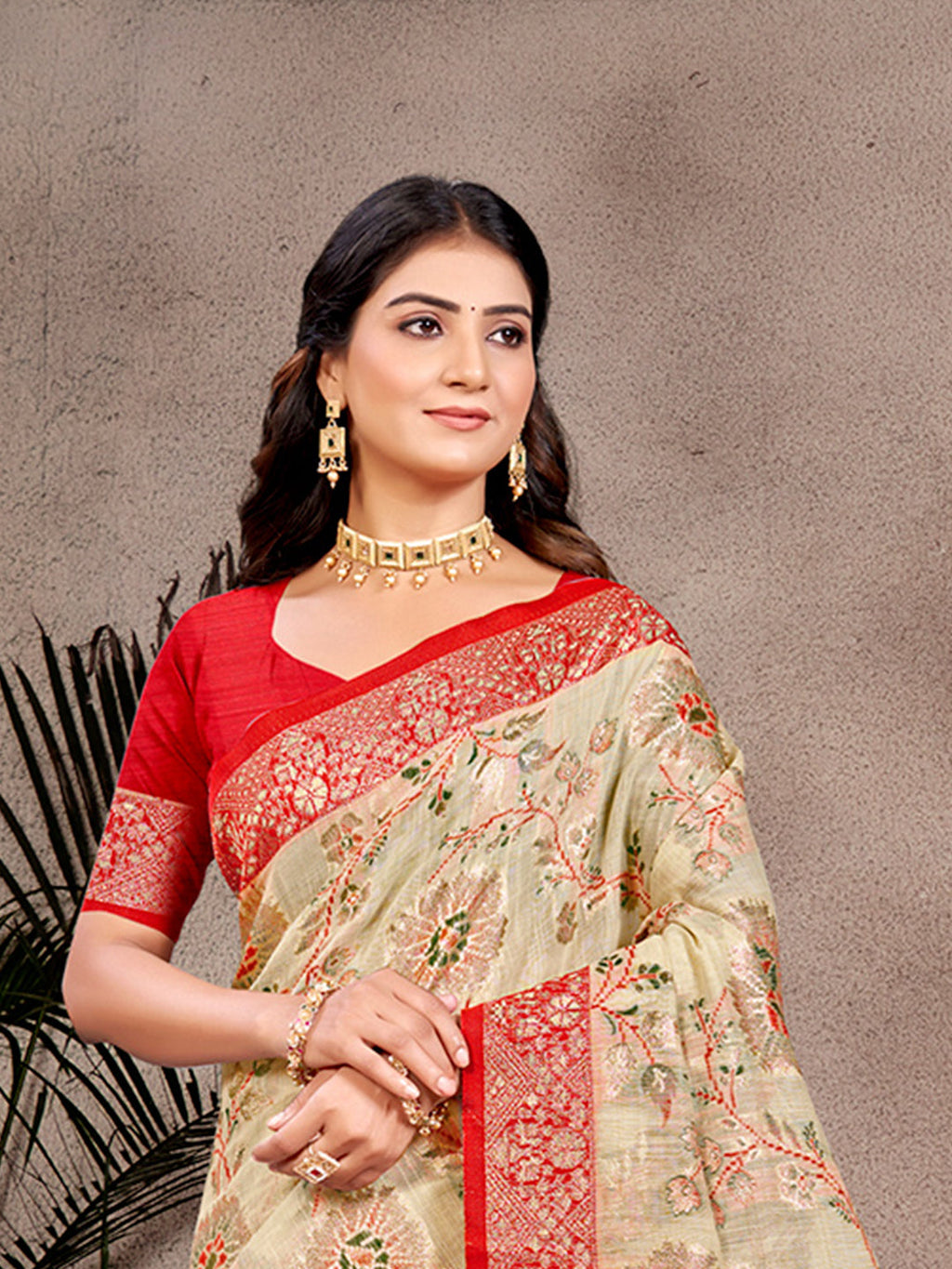 Sangam Prints Beige Cotton Silk With Meena Woven Work Traditional Saree | Grocsy