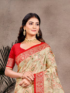 Sangam Prints Beige Cotton Silk With Meena Woven Work Traditional Saree | Grocsy