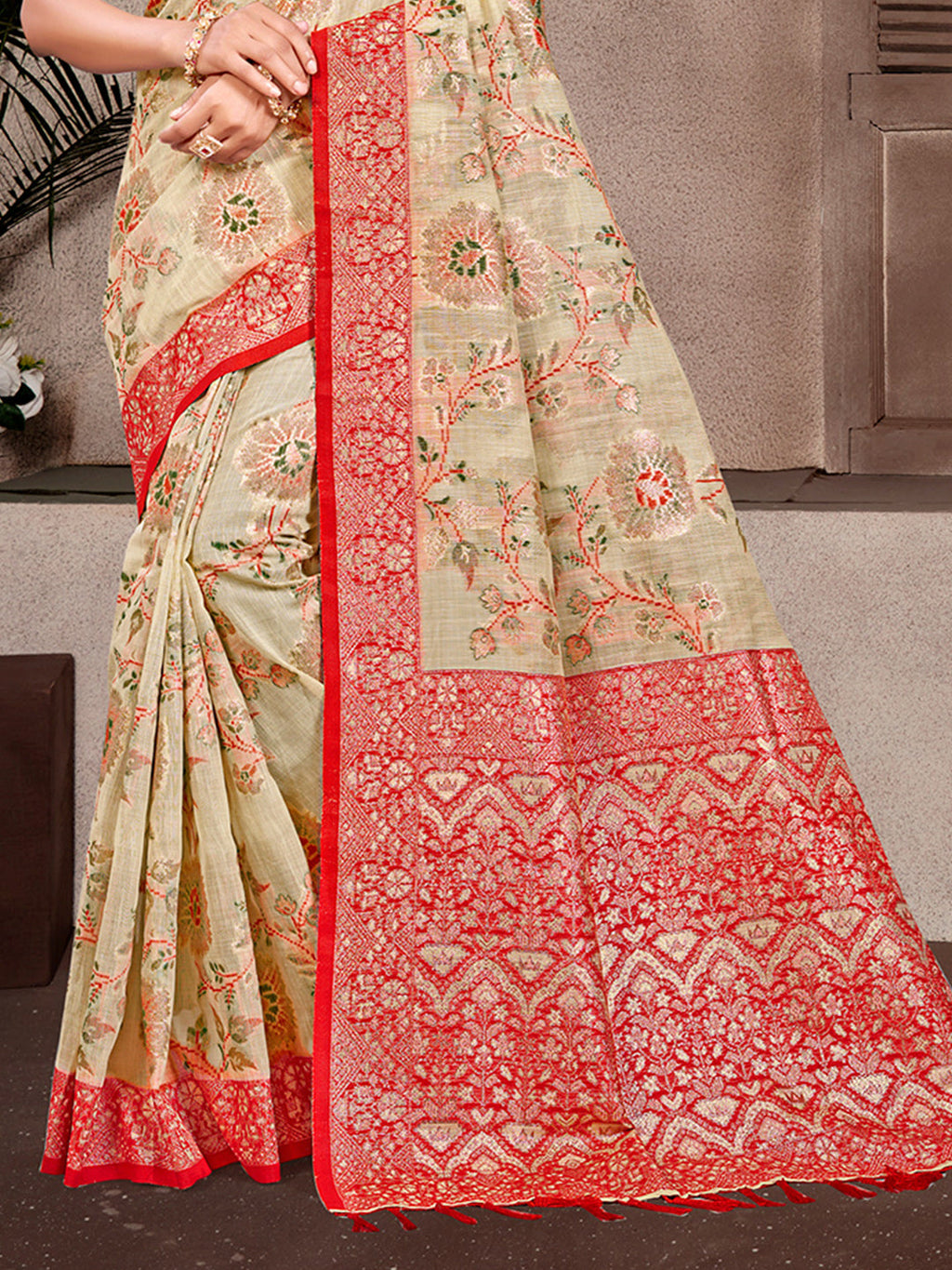 Sangam Prints Beige Cotton Silk With Meena Woven Work Traditional Saree | Grocsy