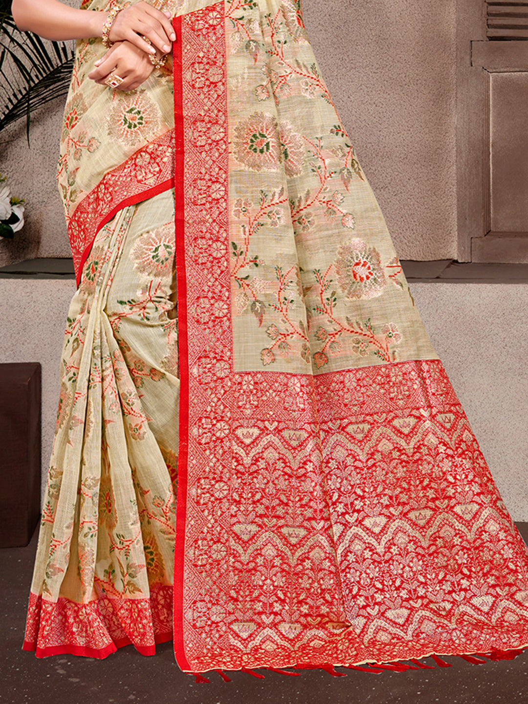 Sangam Prints Beige Cotton Silk With Meena Woven Work Traditional Saree | Grocsy