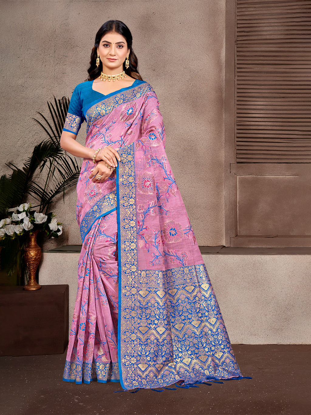 Sangam Prints Light Pink Cotton Silk With Meena Woven Work Traditional Saree | Grocsy