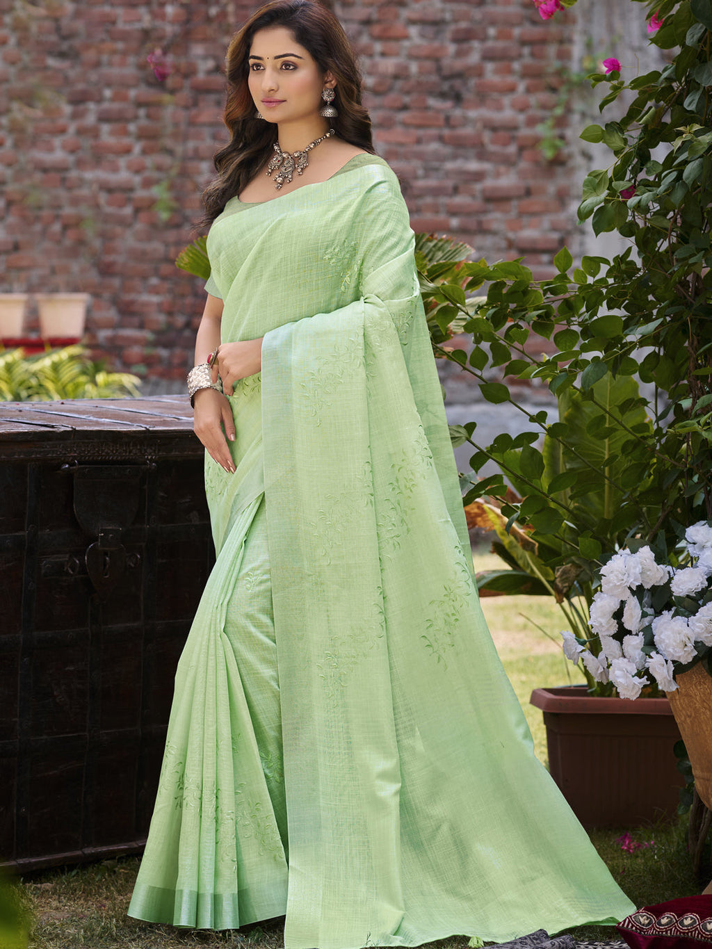 Sangam Prints Green Linen Woven Work Traditional Saree | Grocsy