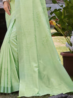 Sangam Prints Green Linen Woven Work Traditional Saree | Grocsy