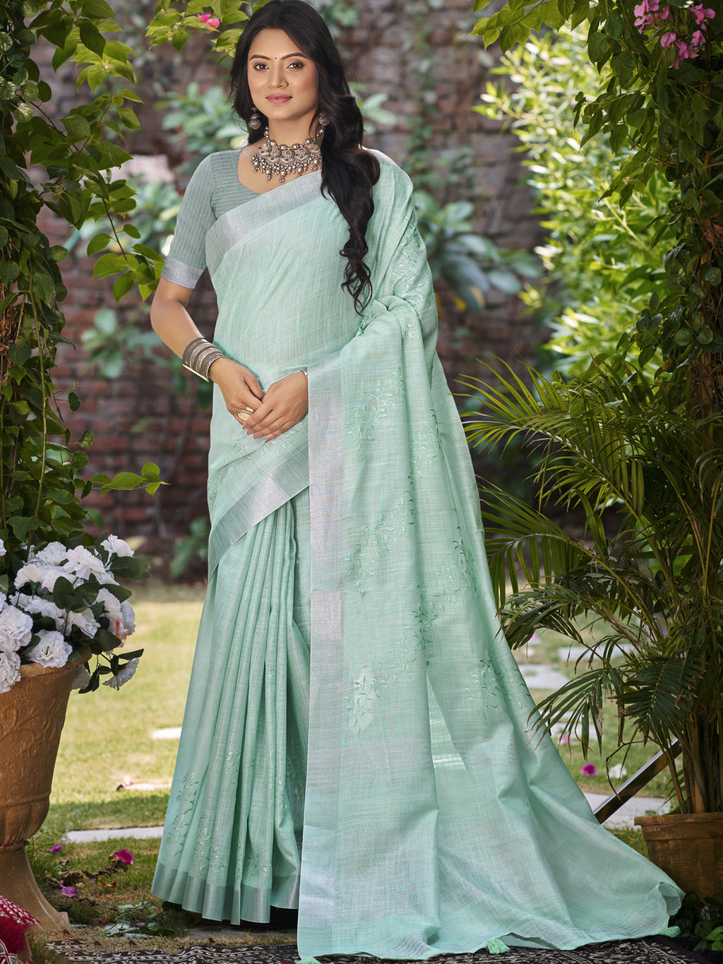 Sangam Prints Sea Green Linen Woven Work Traditional Saree | Grocsy