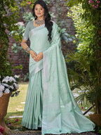 Sangam Prints Sea Green Linen Woven Work Traditional Saree | Grocsy