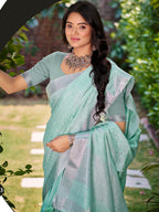 Sangam Prints Sea Green Linen Woven Work Traditional Saree | Grocsy