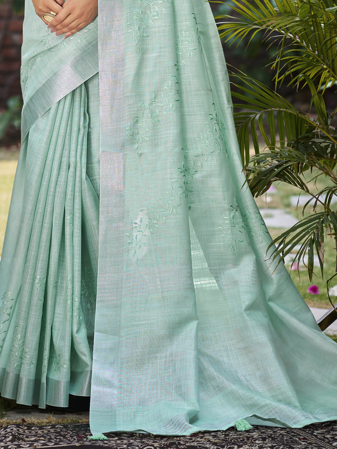 Sangam Prints Sea Green Linen Woven Work Traditional Saree | Grocsy
