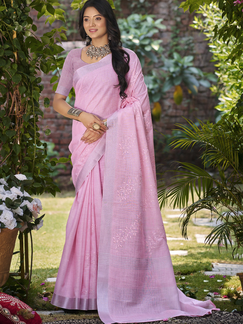 Sangam Prints Dark Pink Linen Woven Work Traditional Saree | Grocsy