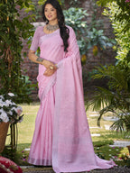 Sangam Prints Dark Pink Linen Woven Work Traditional Saree | Grocsy