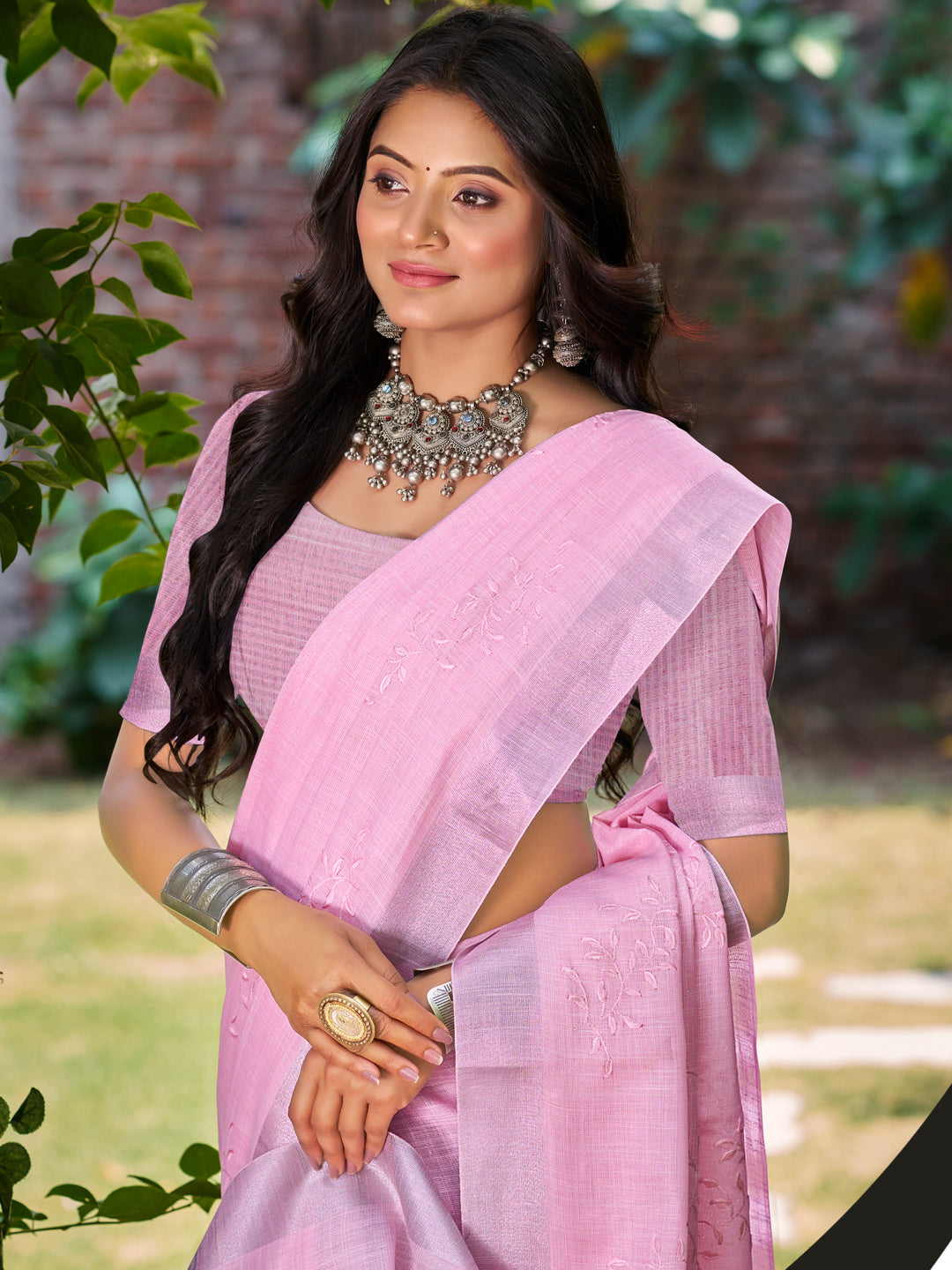 Sangam Prints Dark Pink Linen Woven Work Traditional Saree | Grocsy