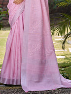 Sangam Prints Dark Pink Linen Woven Work Traditional Saree | Grocsy