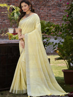 Sangam Prints Yellow Linen Woven Work Traditional Saree | Grocsy