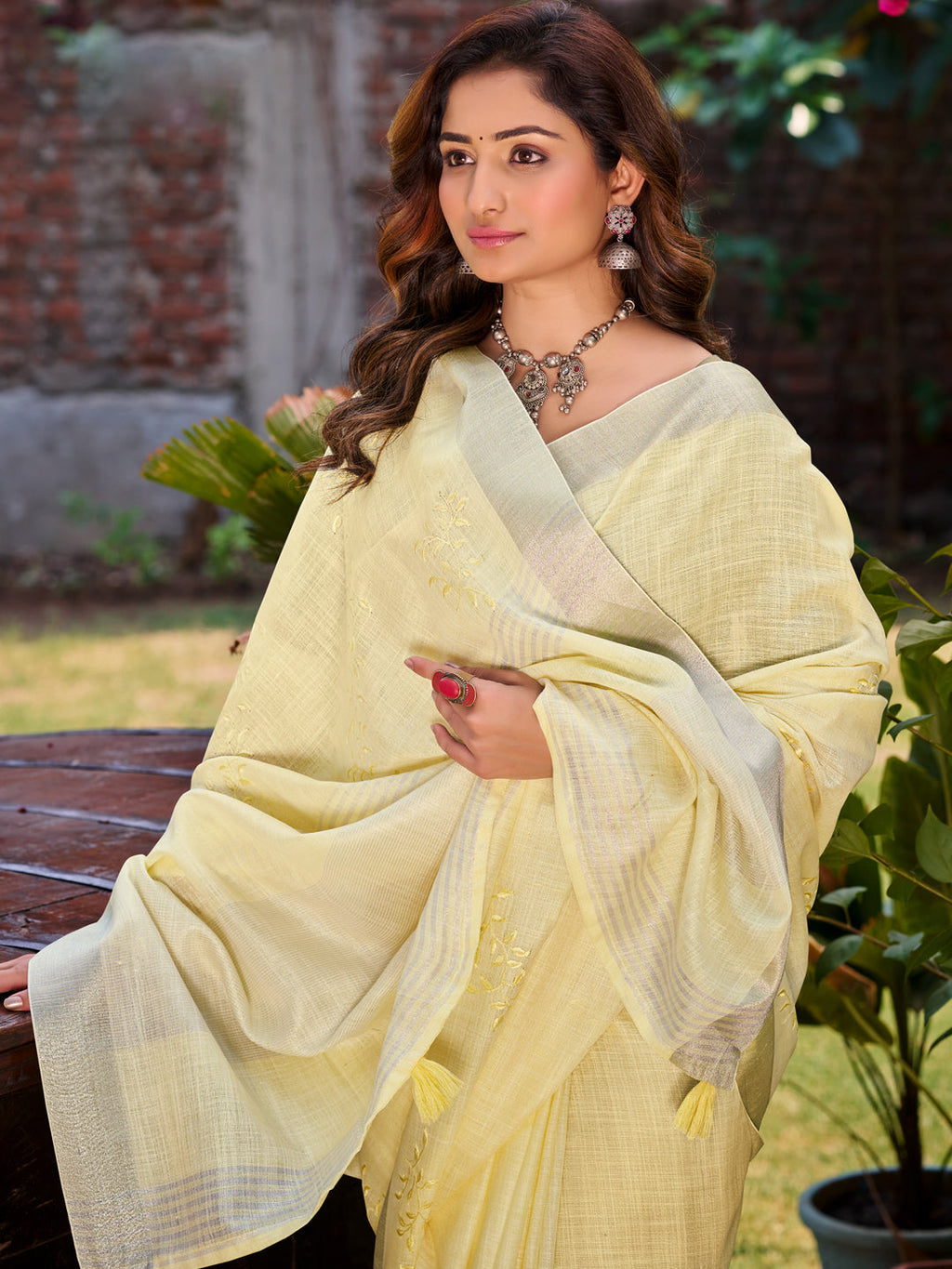 Sangam Prints Yellow Linen Woven Work Traditional Saree | Grocsy