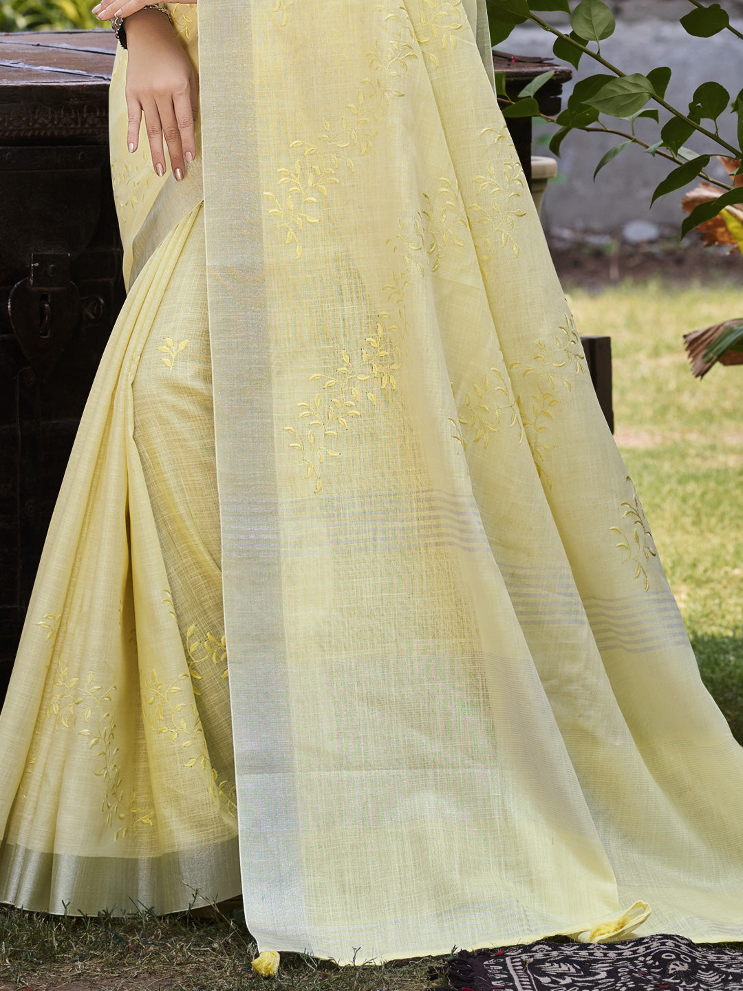 Sangam Prints Yellow Linen Woven Work Traditional Saree | Grocsy