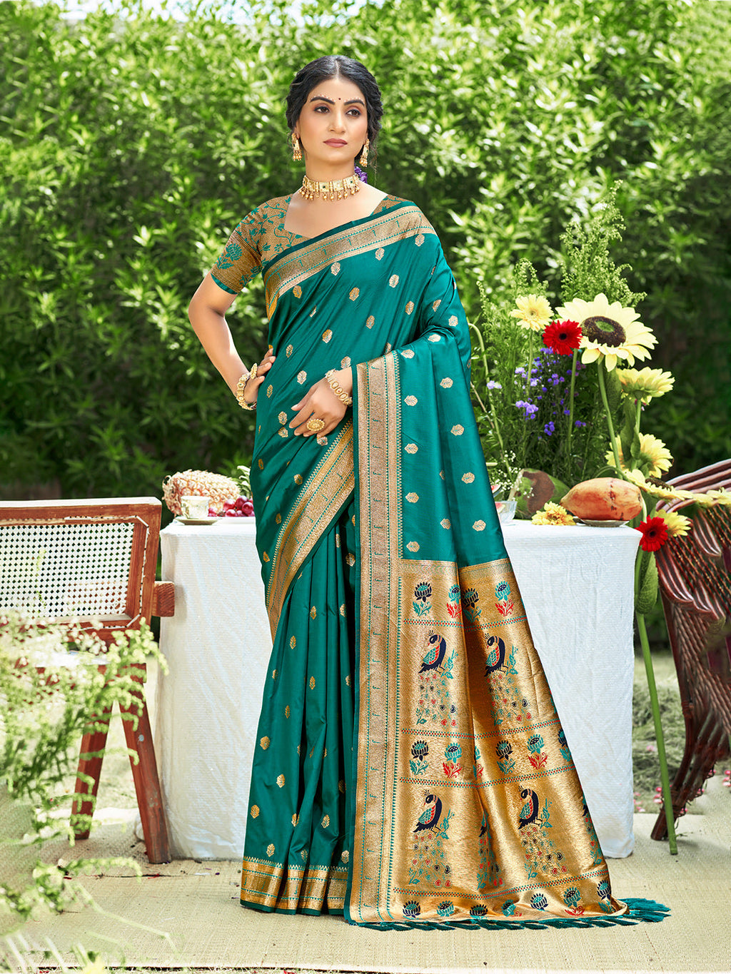 Sangam Prints Teal Green Silk Woven Work Traditional Saree | Grocsy