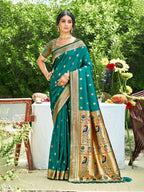 Sangam Prints Teal Green Silk Woven Work Traditional Saree | Grocsy