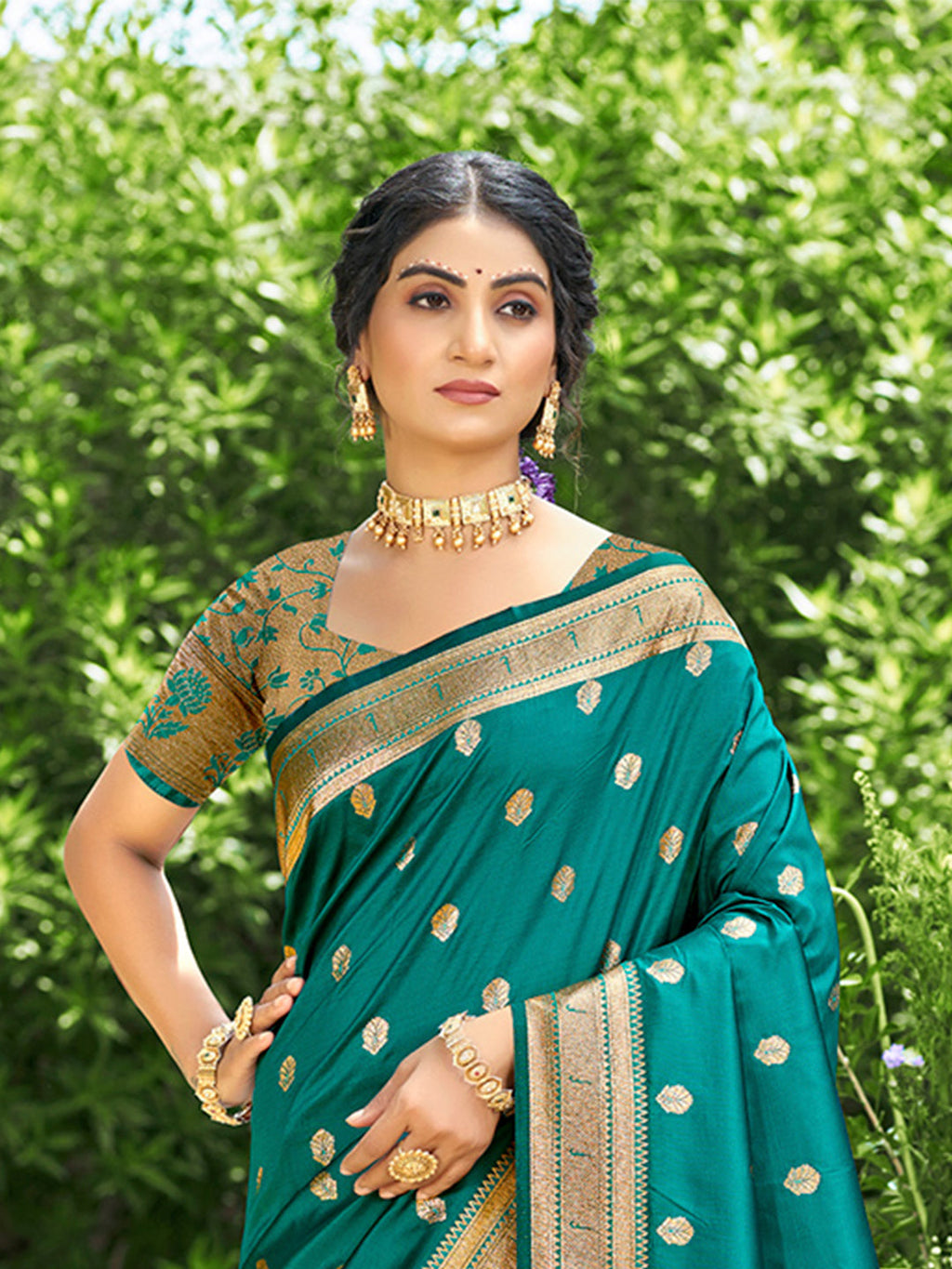 Sangam Prints Teal Green Silk Woven Work Traditional Saree | Grocsy