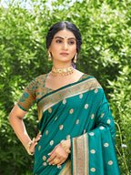 Sangam Prints Teal Green Silk Woven Work Traditional Saree | Grocsy