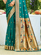 Sangam Prints Teal Green Silk Woven Work Traditional Saree | Grocsy