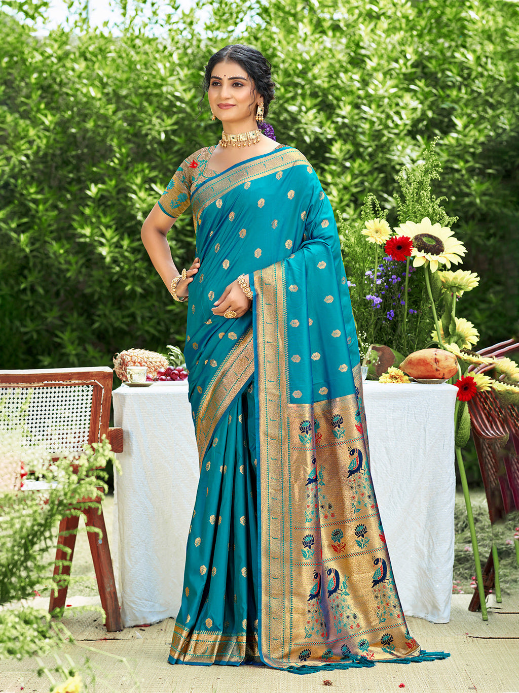 Sangam Prints Teal Silk Woven Work Traditional Saree | Grocsy