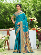 Sangam Prints Teal Silk Woven Work Traditional Saree | Grocsy