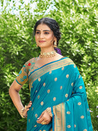 Sangam Prints Teal Silk Woven Work Traditional Saree | Grocsy