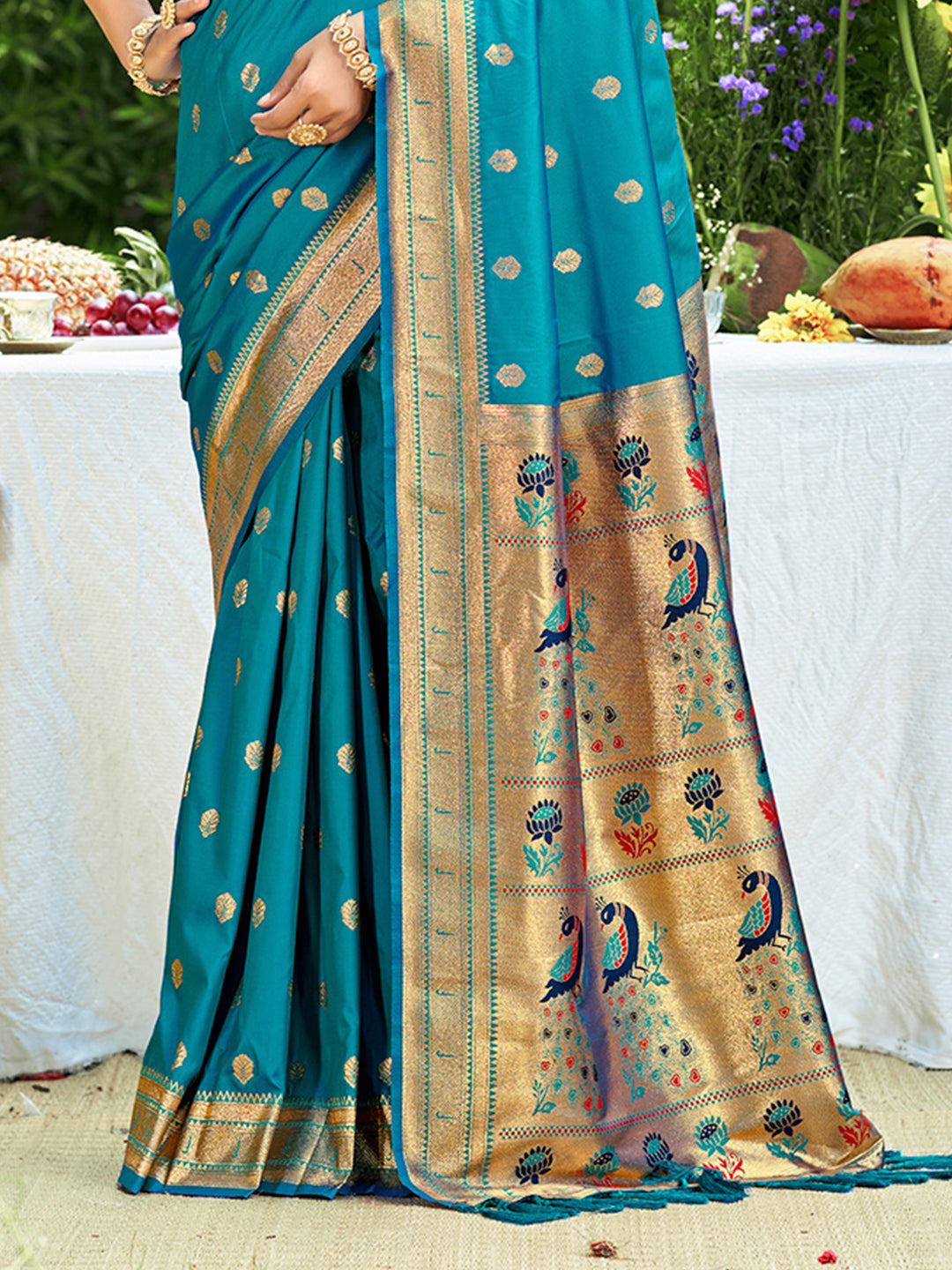 Sangam Prints Teal Silk Woven Work Traditional Saree | Grocsy