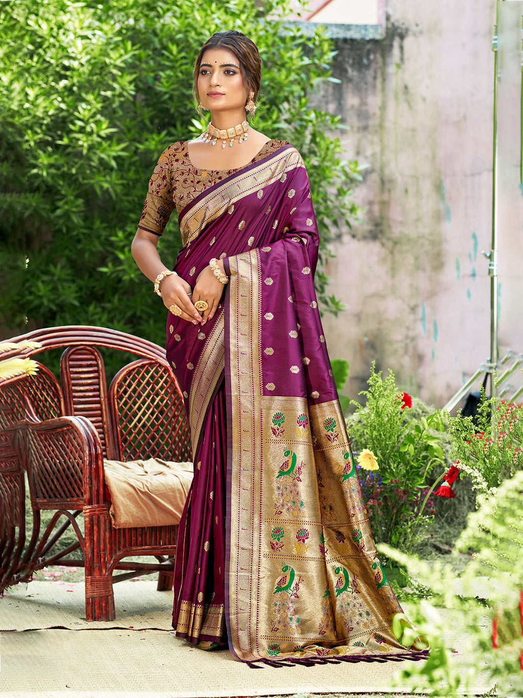 Sangam Prints Wine Silk Woven Work Traditional Saree | Grocsy