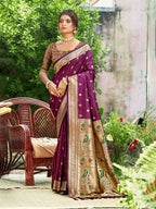 Sangam Prints Wine Silk Woven Work Traditional Saree | Grocsy