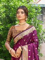 Sangam Prints Wine Silk Woven Work Traditional Saree | Grocsy