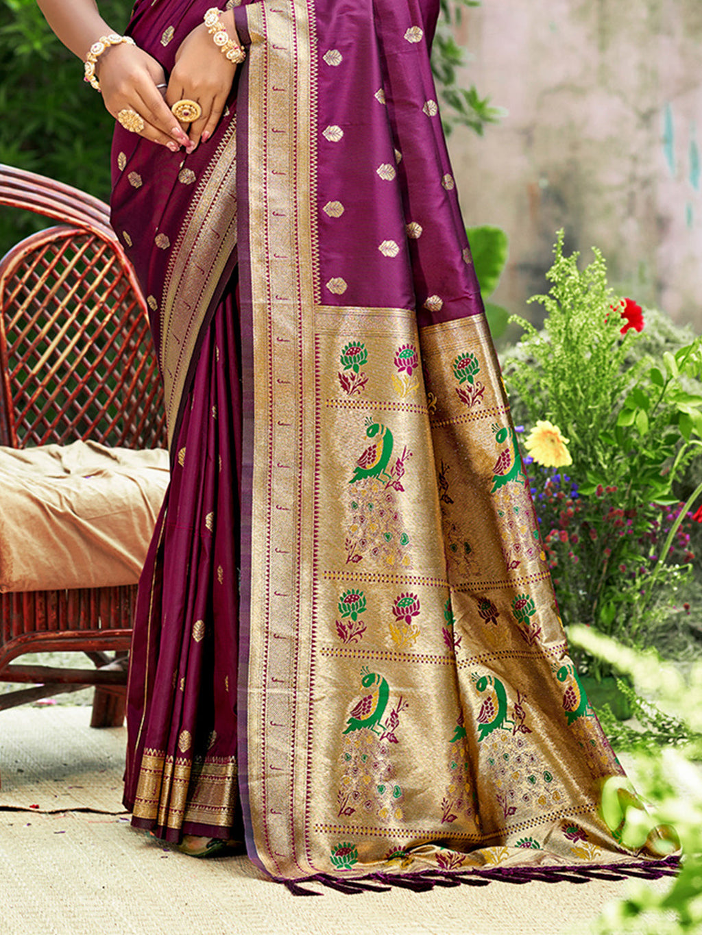 Sangam Prints Wine Silk Woven Work Traditional Saree | Grocsy