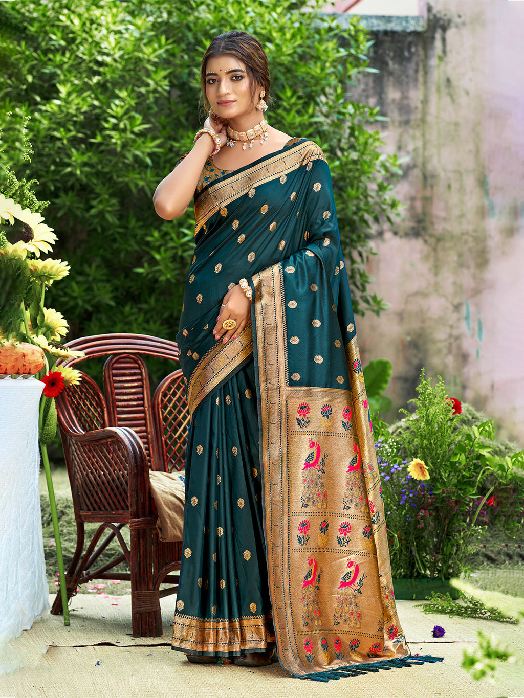 Sangam Prints Teal Blue Silk Woven Work Traditional Saree | Grocsy