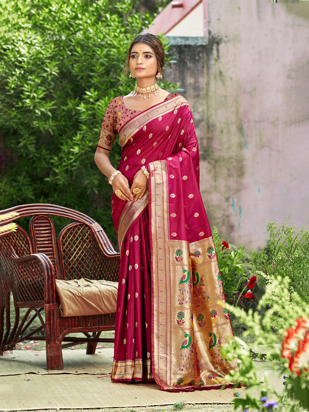Sangam Prints Pink Silk Woven Work Traditional Saree | Grocsy
