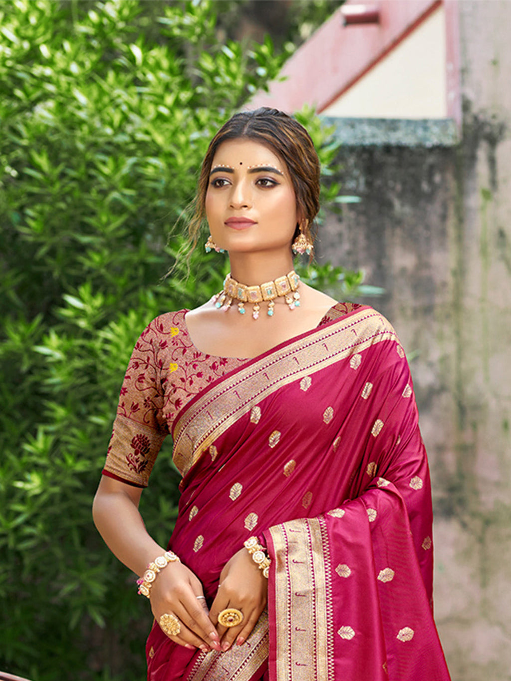 Sangam Prints Pink Silk Woven Work Traditional Saree | Grocsy