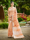 Sangam Prints Peach Linen Woven Work Traditional Saree | Grocsy