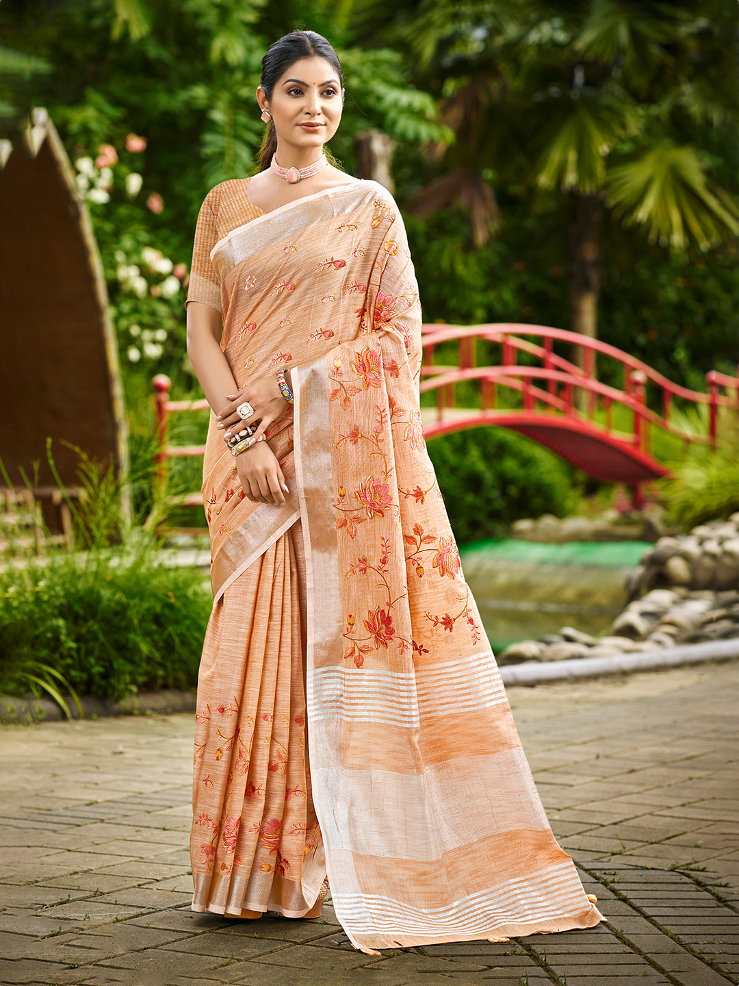 Sangam Prints Peach Linen Woven Work Traditional Saree | Grocsy