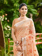 Sangam Prints Peach Linen Woven Work Traditional Saree | Grocsy