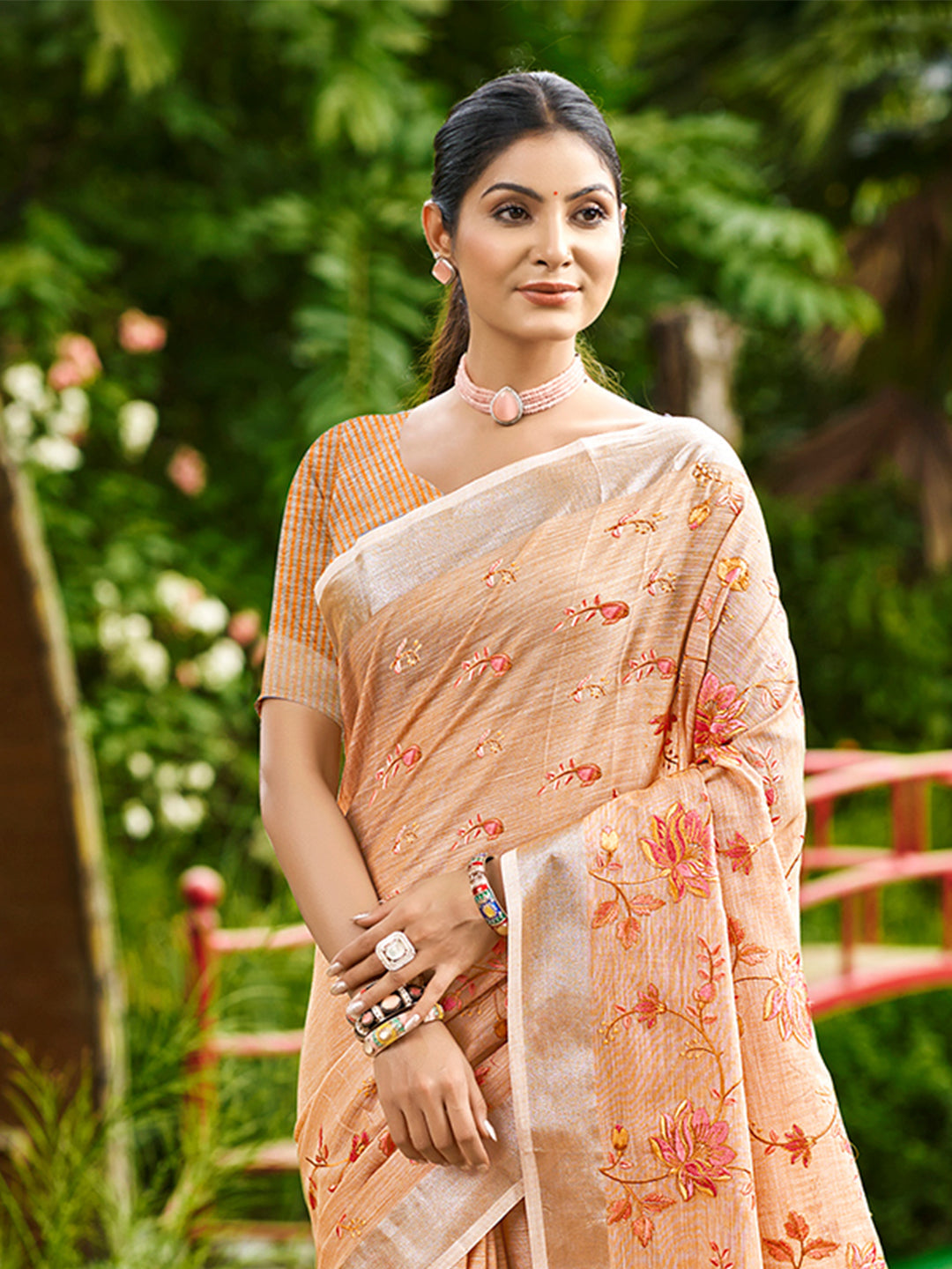 Sangam Prints Peach Linen Woven Work Traditional Saree | Grocsy