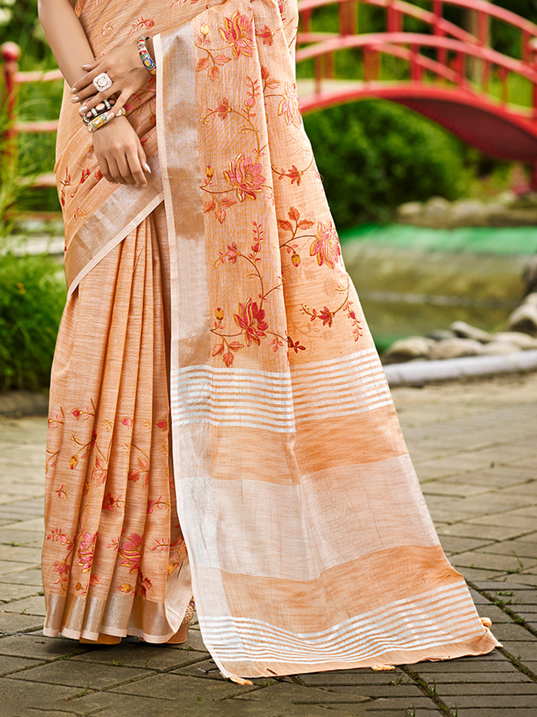 Sangam Prints Peach Linen Woven Work Traditional Saree | Grocsy