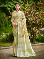 Sangam Prints Lime Green Linen Woven Work Traditional Saree | Grocsy