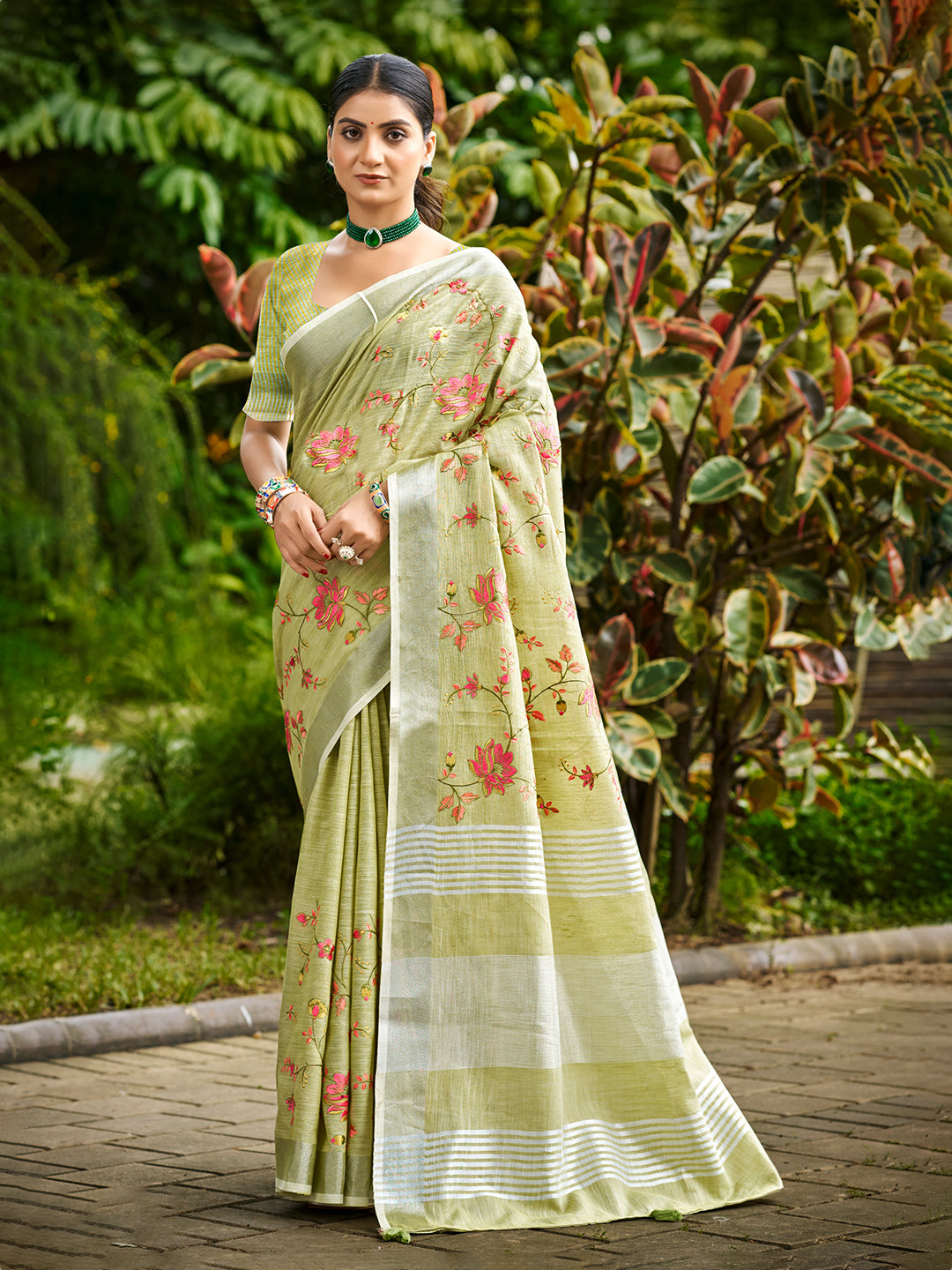Sangam Prints Lime Green Linen Woven Work Traditional Saree | Grocsy