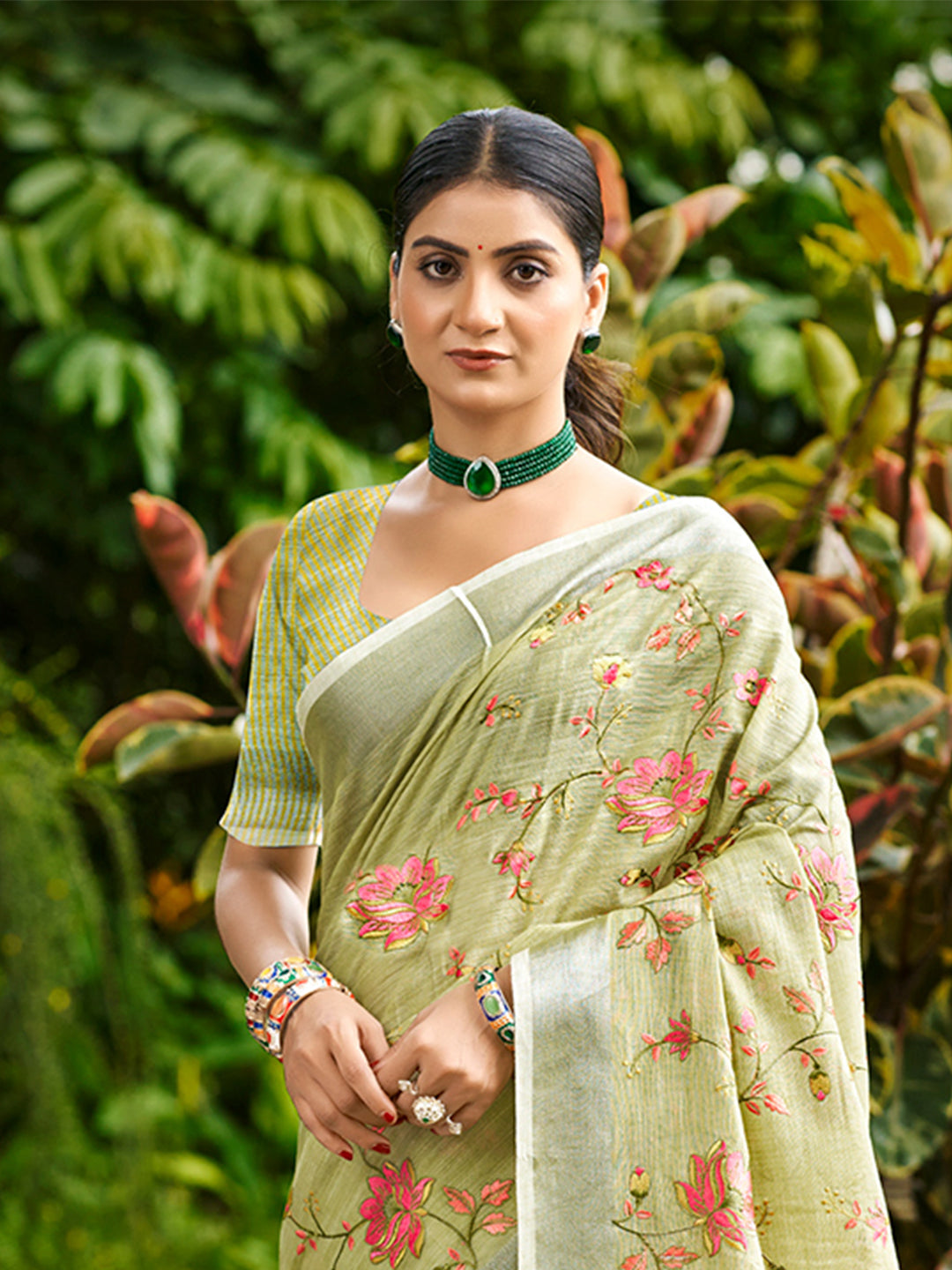 Sangam Prints Lime Green Linen Woven Work Traditional Saree | Grocsy