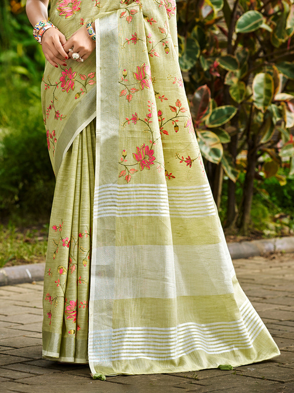 Sangam Prints Lime Green Linen Woven Work Traditional Saree | Grocsy