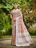 Sangam Prints Brown  Linen Woven Work Traditional Saree | Grocsy
