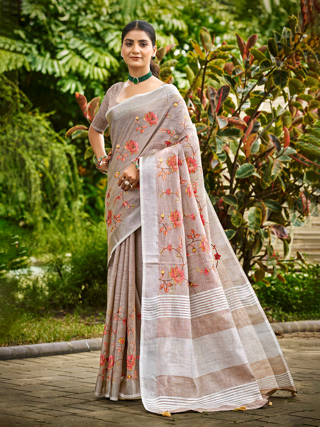 Sangam Prints Brown  Linen Woven Work Traditional Saree | Grocsy