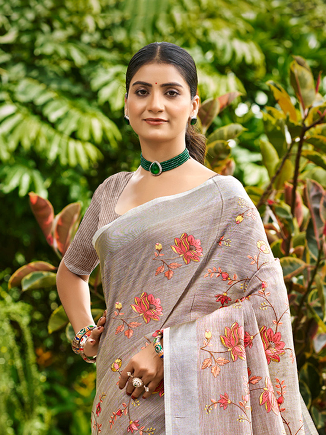 Sangam Prints Brown  Linen Woven Work Traditional Saree | Grocsy
