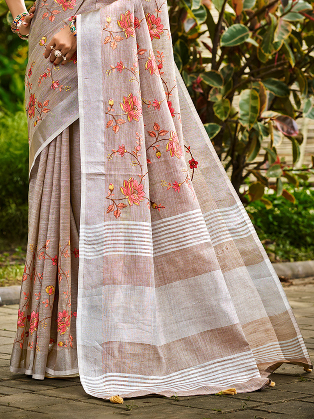 Sangam Prints Brown  Linen Woven Work Traditional Saree | Grocsy