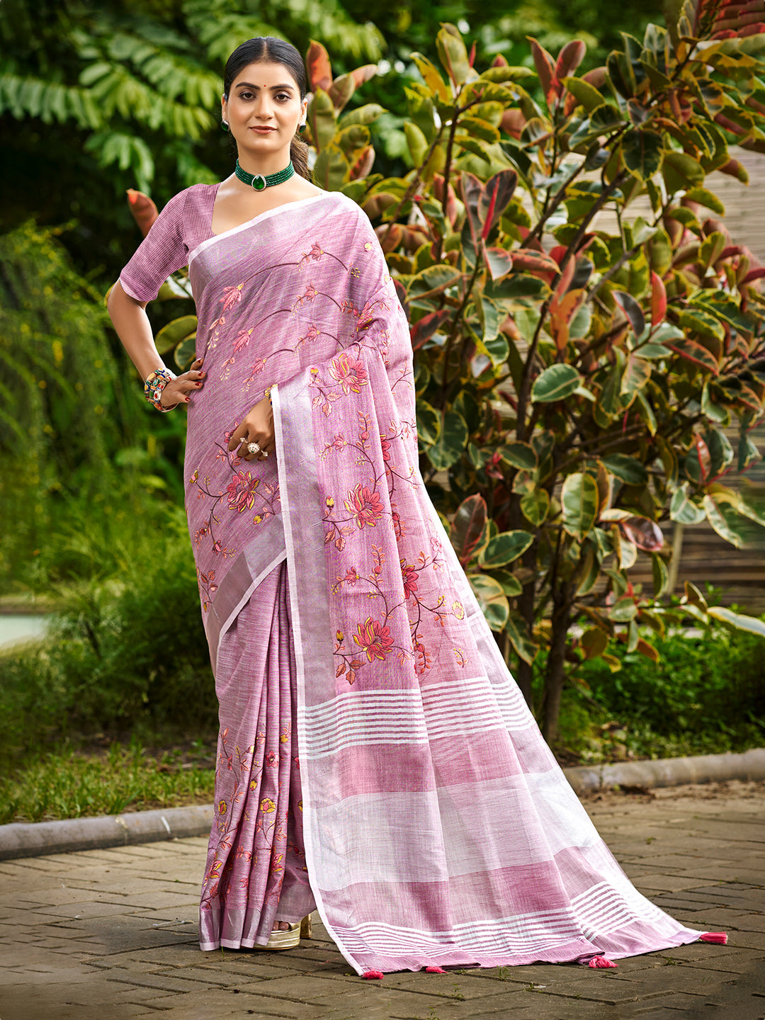 Sangam Prints Onion Pink Linen Woven Work Traditional Saree | Grocsy